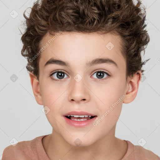 Joyful white child male with short  brown hair and brown eyes