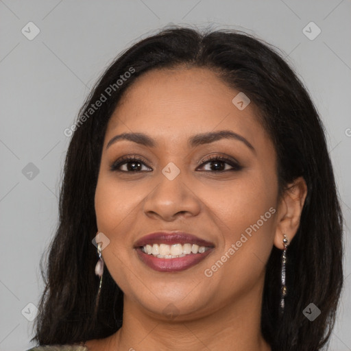 Joyful latino young-adult female with long  brown hair and brown eyes