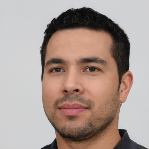 Neutral latino young-adult male with short  black hair and brown eyes
