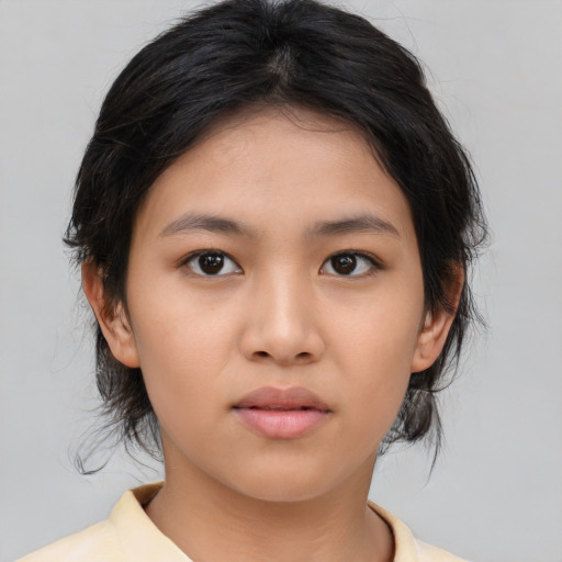 Neutral asian young-adult female with medium  brown hair and brown eyes