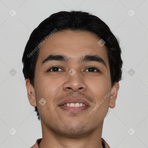 Joyful latino young-adult male with short  black hair and brown eyes