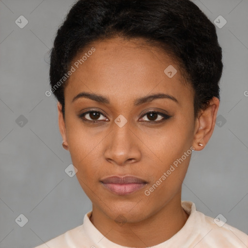 Neutral latino young-adult female with short  black hair and brown eyes