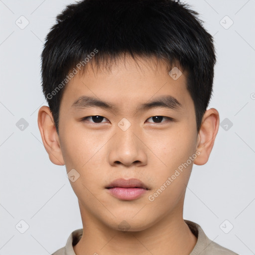 Neutral asian young-adult male with short  brown hair and brown eyes