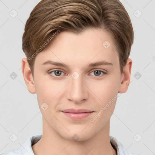 Joyful white young-adult female with short  brown hair and grey eyes