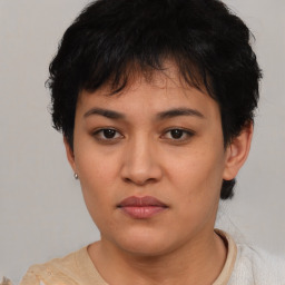 Neutral asian young-adult female with short  brown hair and brown eyes