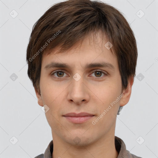 Neutral white young-adult male with short  brown hair and brown eyes