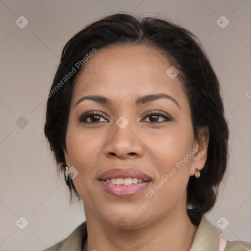 Joyful latino young-adult female with medium  brown hair and brown eyes