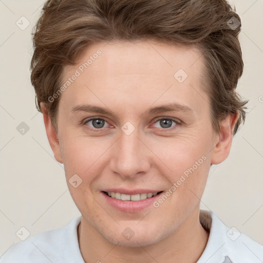 Joyful white young-adult female with short  brown hair and grey eyes