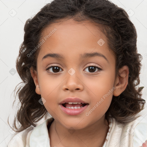 Joyful white child female with medium  brown hair and brown eyes