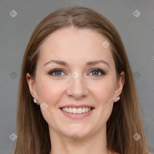 Joyful white young-adult female with long  brown hair and grey eyes