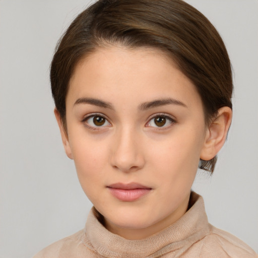 Neutral white young-adult female with short  brown hair and brown eyes