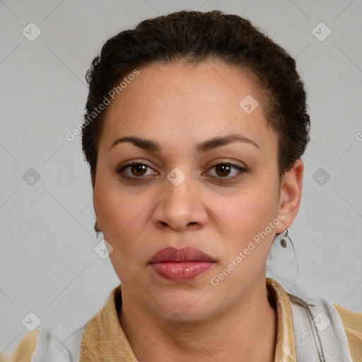 Joyful latino young-adult female with short  brown hair and brown eyes