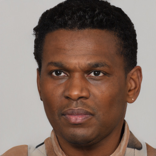 Neutral black young-adult male with short  black hair and brown eyes