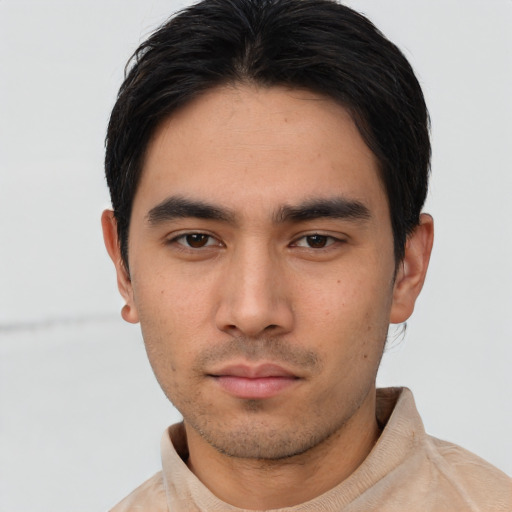 Neutral asian young-adult male with short  brown hair and brown eyes