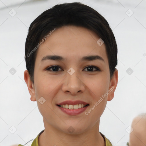 Joyful white young-adult female with short  brown hair and brown eyes