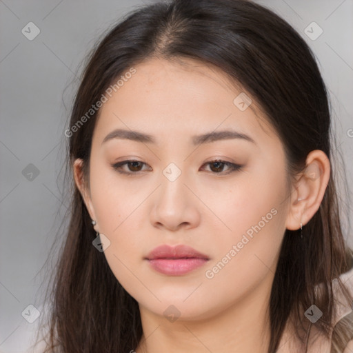 Neutral asian young-adult female with medium  brown hair and brown eyes