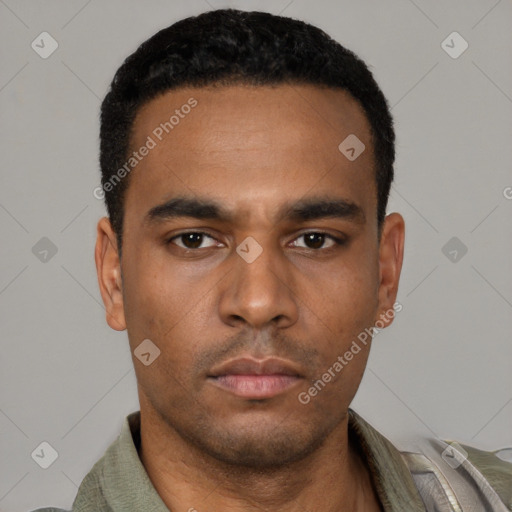 Neutral latino young-adult male with short  black hair and brown eyes