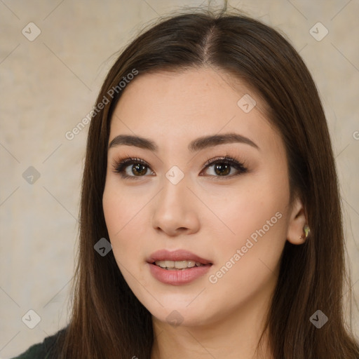 Neutral white young-adult female with long  brown hair and brown eyes