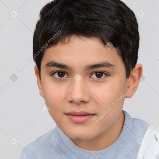 Joyful white child male with short  brown hair and brown eyes