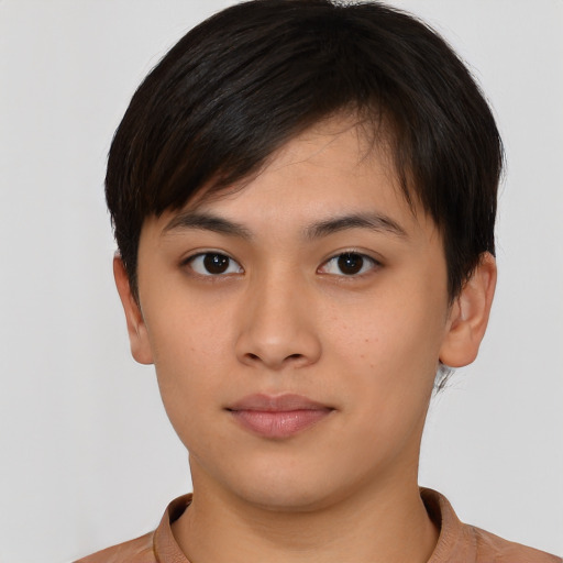 Neutral asian young-adult female with short  brown hair and brown eyes