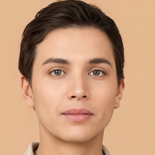 Neutral white young-adult male with short  brown hair and brown eyes