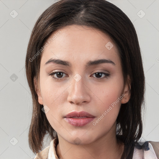 Neutral white young-adult female with medium  brown hair and brown eyes