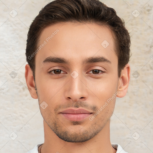 Neutral white young-adult male with short  brown hair and brown eyes