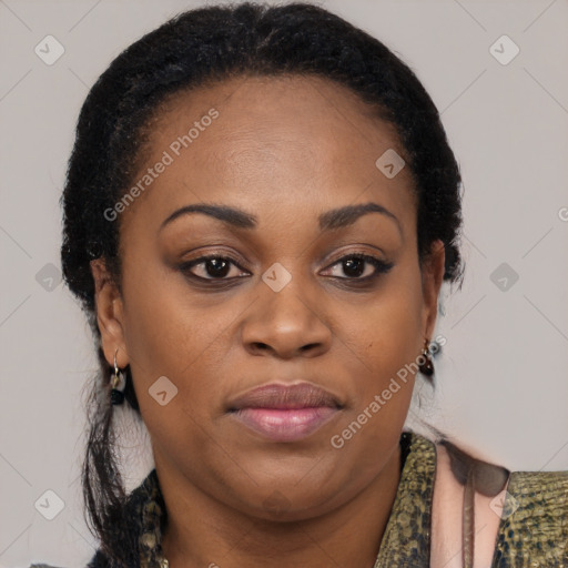 Joyful black adult female with medium  brown hair and brown eyes