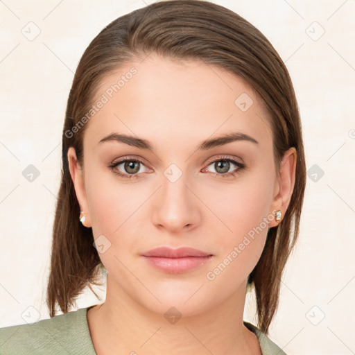 Neutral white young-adult female with medium  brown hair and brown eyes