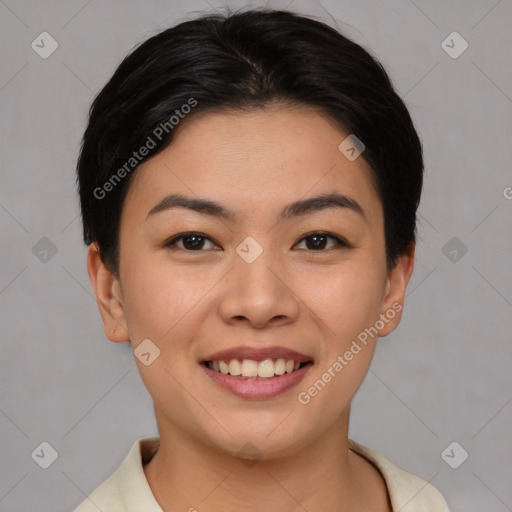 Joyful asian young-adult female with short  brown hair and brown eyes