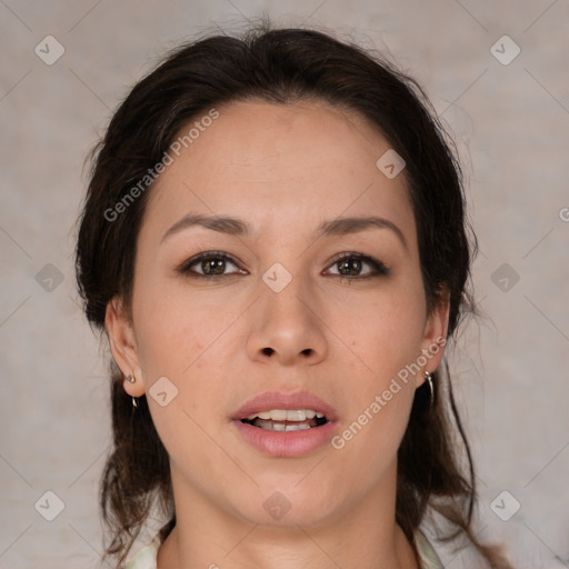 Joyful white young-adult female with medium  brown hair and brown eyes