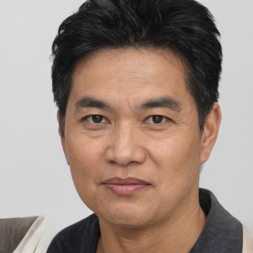 Joyful asian adult male with short  black hair and brown eyes