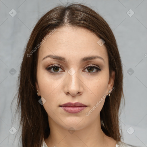 Neutral white young-adult female with medium  brown hair and brown eyes