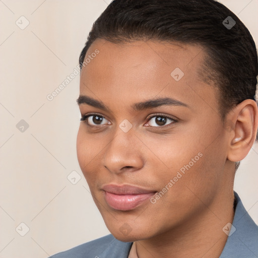 Joyful white young-adult female with short  brown hair and brown eyes