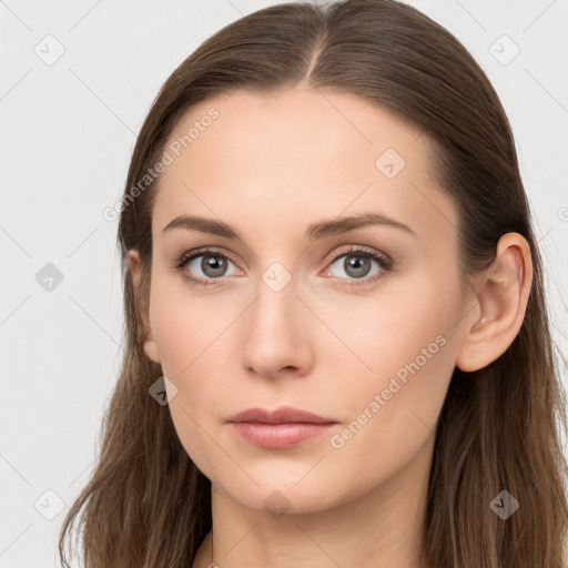 Neutral white young-adult female with long  brown hair and grey eyes