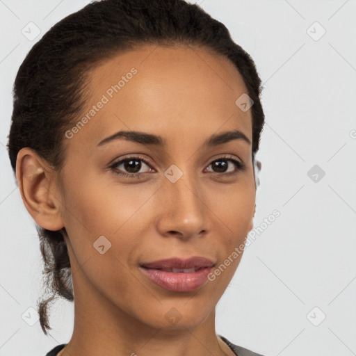 Joyful latino young-adult female with short  brown hair and brown eyes