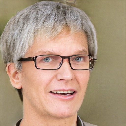 Joyful white middle-aged male with short  gray hair and grey eyes