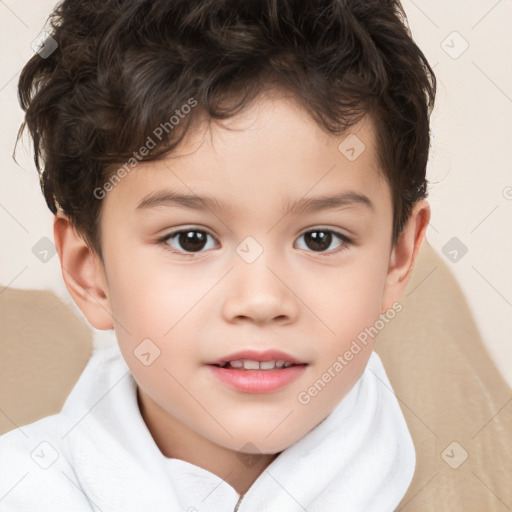 Joyful white child male with short  brown hair and brown eyes