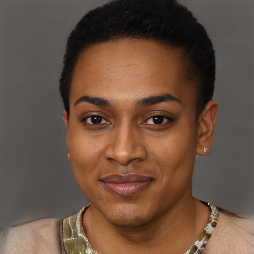 Joyful black young-adult female with short  black hair and brown eyes