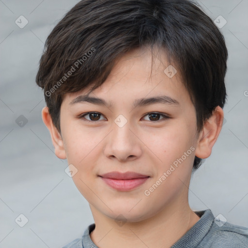 Joyful white child female with short  brown hair and brown eyes