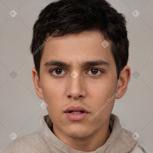 Neutral white young-adult male with short  brown hair and brown eyes