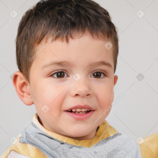 Joyful white child male with short  brown hair and brown eyes