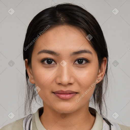 Joyful latino young-adult female with medium  black hair and brown eyes