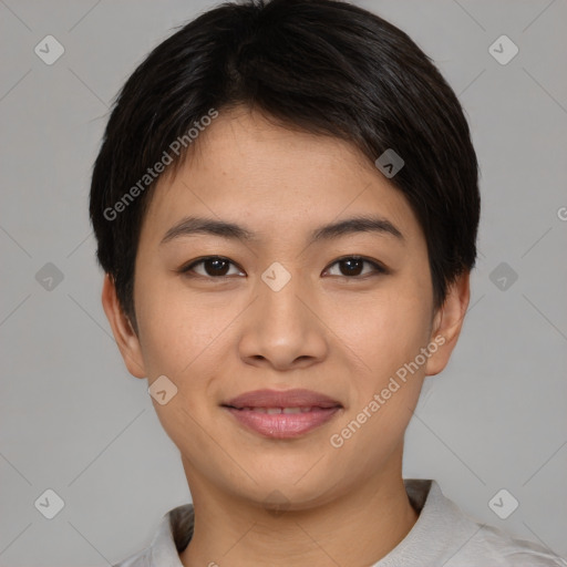 Joyful asian young-adult female with short  brown hair and brown eyes