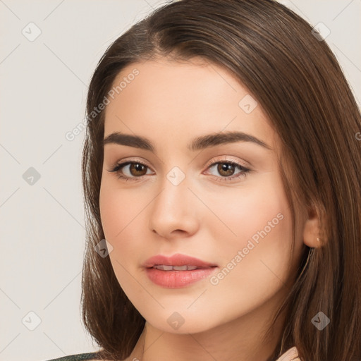 Neutral white young-adult female with long  brown hair and brown eyes