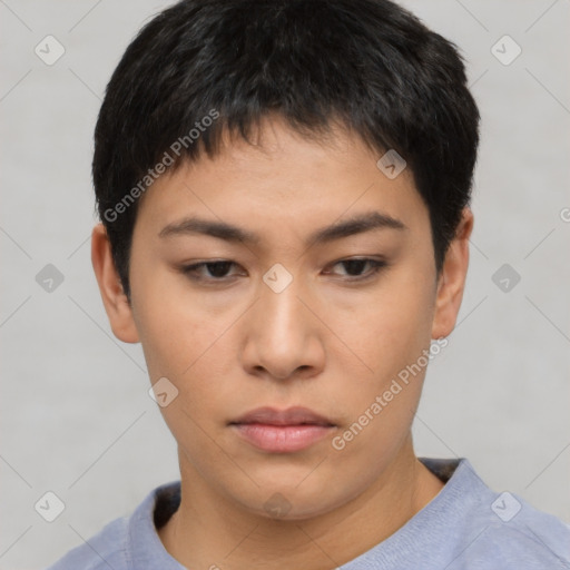 Neutral asian young-adult female with short  brown hair and brown eyes