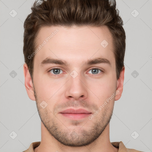 Neutral white young-adult male with short  brown hair and grey eyes