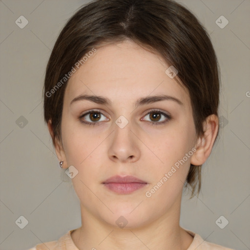 Neutral white young-adult female with medium  brown hair and brown eyes