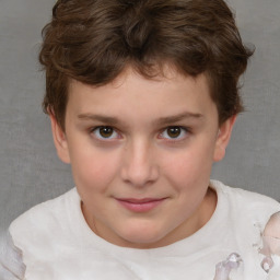 Joyful white child female with short  brown hair and brown eyes