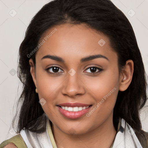 Joyful latino young-adult female with medium  brown hair and brown eyes